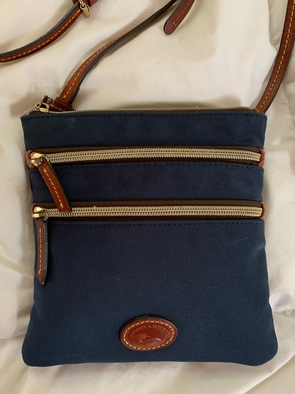 Dooney & Bourke Navy Blue with Brown Leather Trim Crossbody nylon